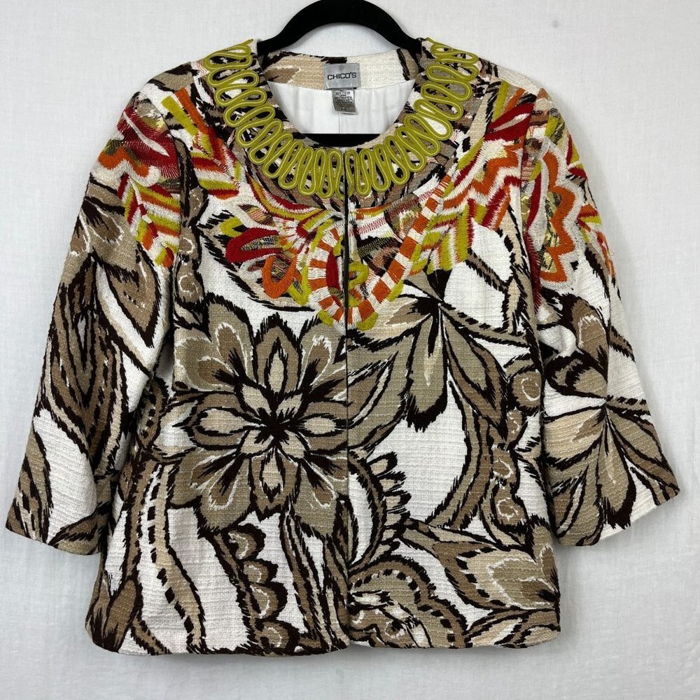 Chicos Embroidered Blazer Jacket Womens‎ M Art To Wear Mature Floral Barkcloth